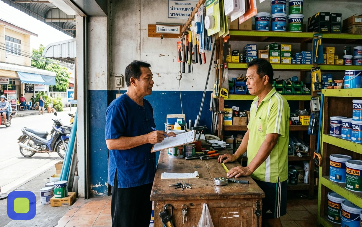 Two shopkeepers talking over the counter of a neighbourhood hardware store