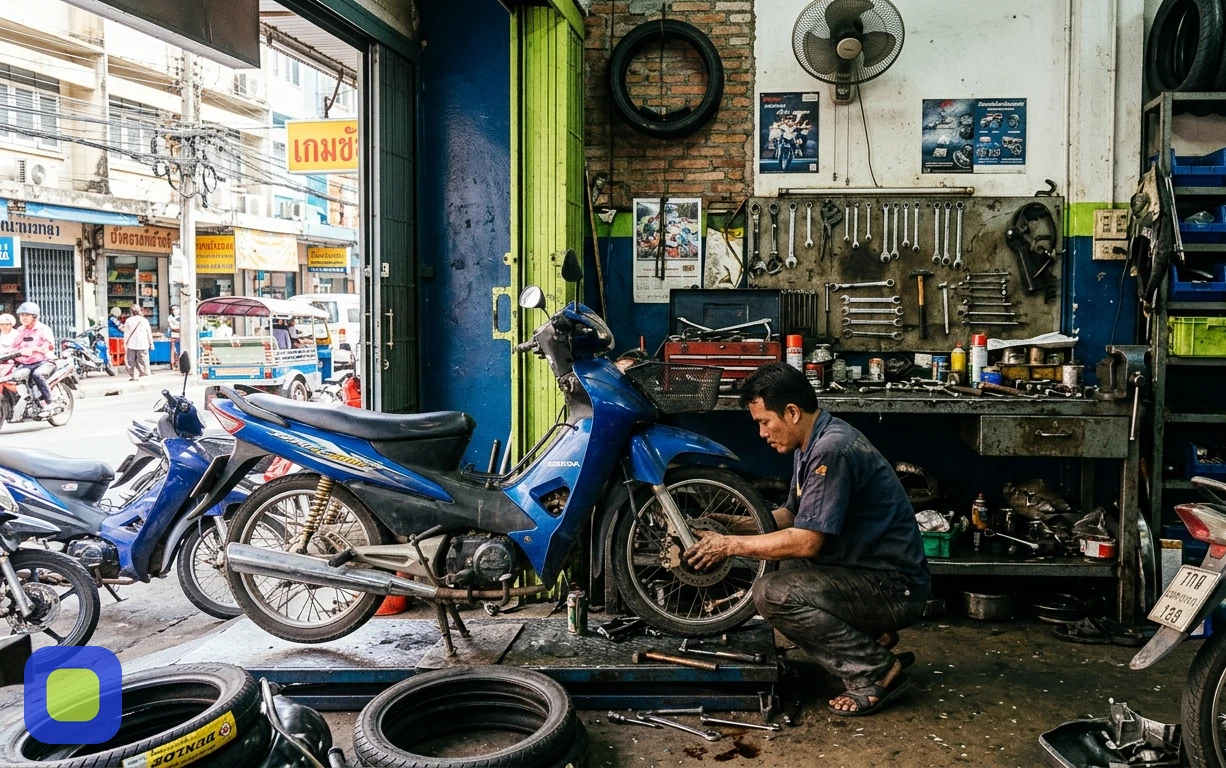 Motorcycle repair workshop in Bangkok where the owner works while content publishes across dozens of platforms daily