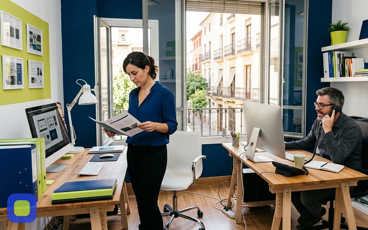 Small agency workspace with two desks mid-morning, screens angled away from camera