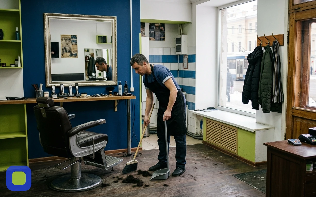 Barber sweeping his own one-chair shop between customers, content marketing for owner-run businesses running without him
