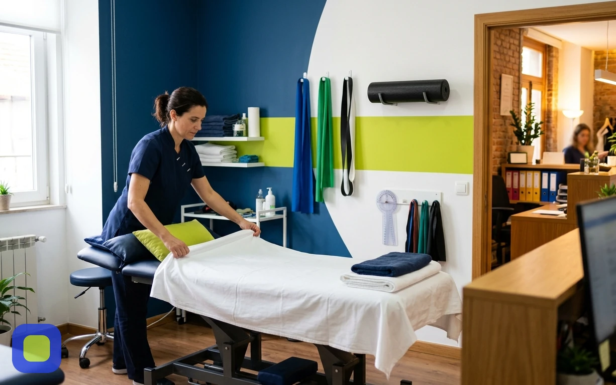 Physiotherapist setting up a treatment room at one branch of her practice, content marketing for multiple locations held in one voice