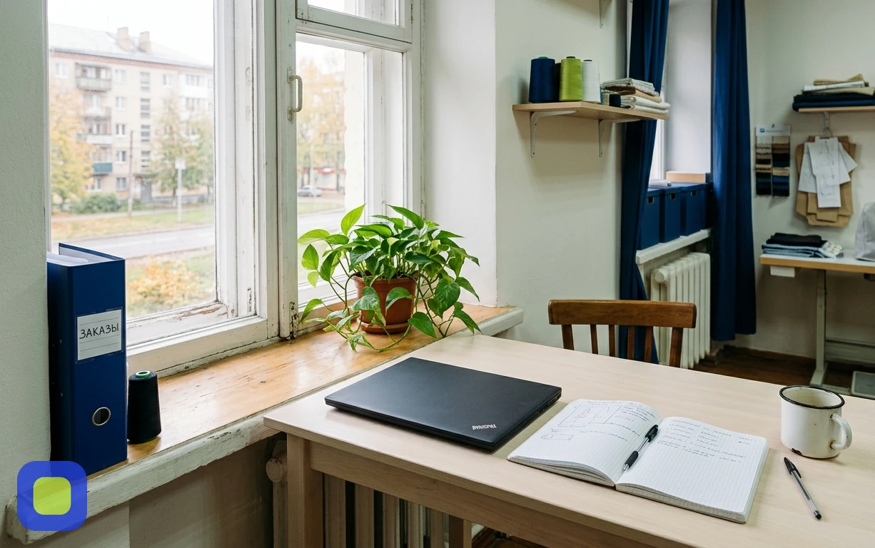 Closed laptop and a paper notebook on a tidy desk beside a window